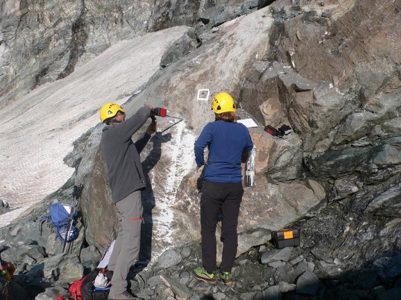 Drilling operations and insertion of the temperature data logger at 10, 30 and 50 cm depth (B)