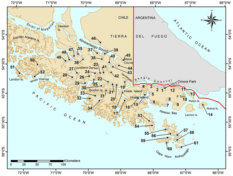 Sampling sites of bird census in the five major regions of the Cape Horn Biosphere Reserve
