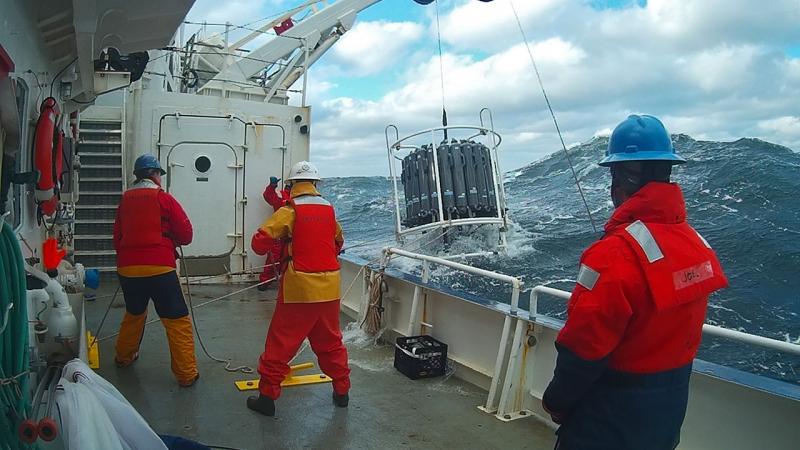 Deploying the CTD/rosette from R/V Endeavor during the NES-LTER 2018 Winter Transect cruise EN608. Image credit: Jacob Strock, University of Rhode Island.