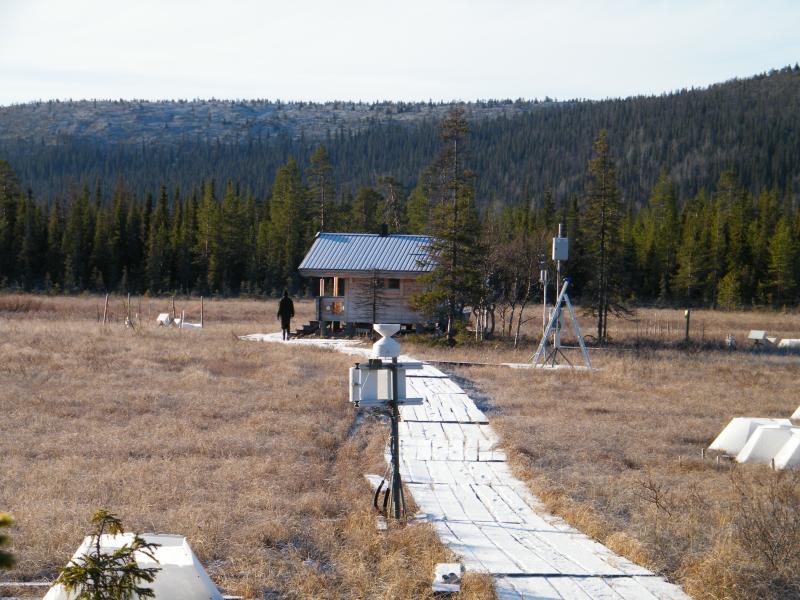 The Pallas-Lompolojänkkä flux measurement station at a pristine mire. Fluxes of CO2, H2O and CH4 have been measured since 2005 with both eddy covariance and chamber methods. Lompolojänkkä is a Level 2 ecosystem station in ICOS RI. There are also a range of hydrological measurements at Lompolojänkkä and the narrow stream draining it. Previously, impact of drainage, elevated temperature and reindeer grazing have been studied campaign-wise. Photo: Jussi Paatero.