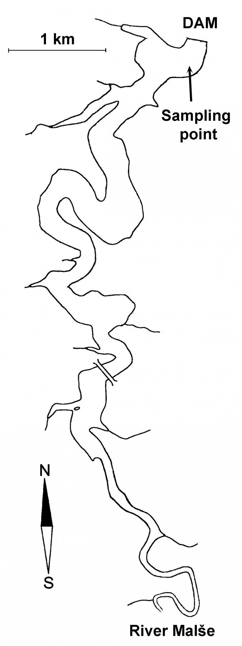 A map if the Římov reservoir with sampling point indicated by arrow.