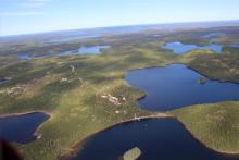 Aerial photo of IISD Experimental Lakes Area field station buildings and nearby lakes.