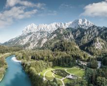 Visitor center "Erlebniszentrum Weidendom", Enns river and Hochtor mountain range