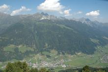 Overview of the LTER site with the meadows at the valley bottom and the research areas in the vicinity of the Kaserstattalm on the slopes close to the timberline. Picture taken from the counter slope  